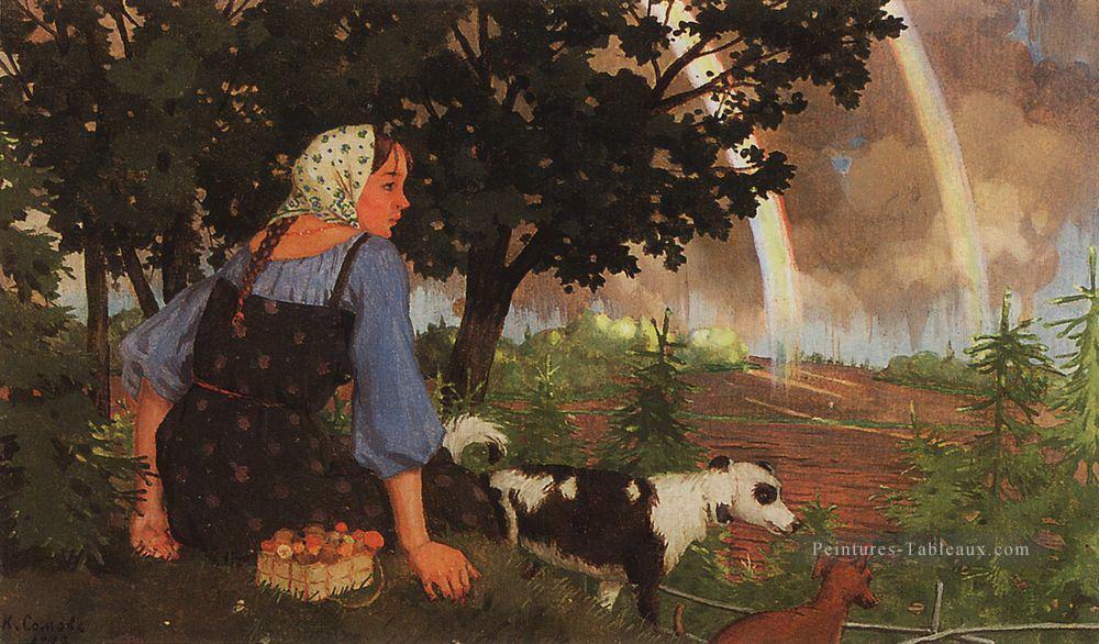 fille avec le champignon sous l’arc en ciel Konstantin Somov Peintures à l'huile